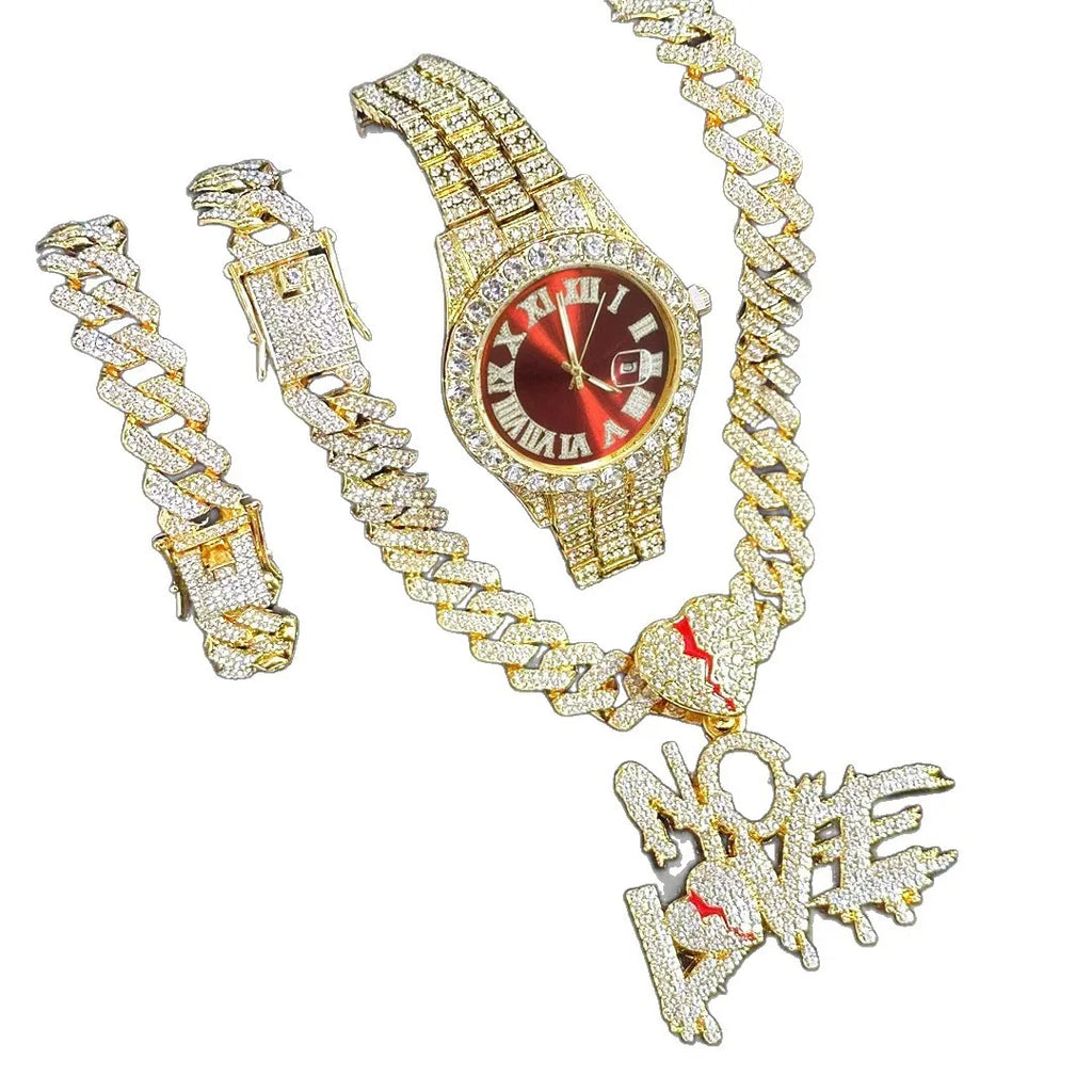 3-Piece Set of Popular Foreign Trade Maier Cuban Necklace and Bracelet Set, Men's Watch and Jewelry Party Gift Qme