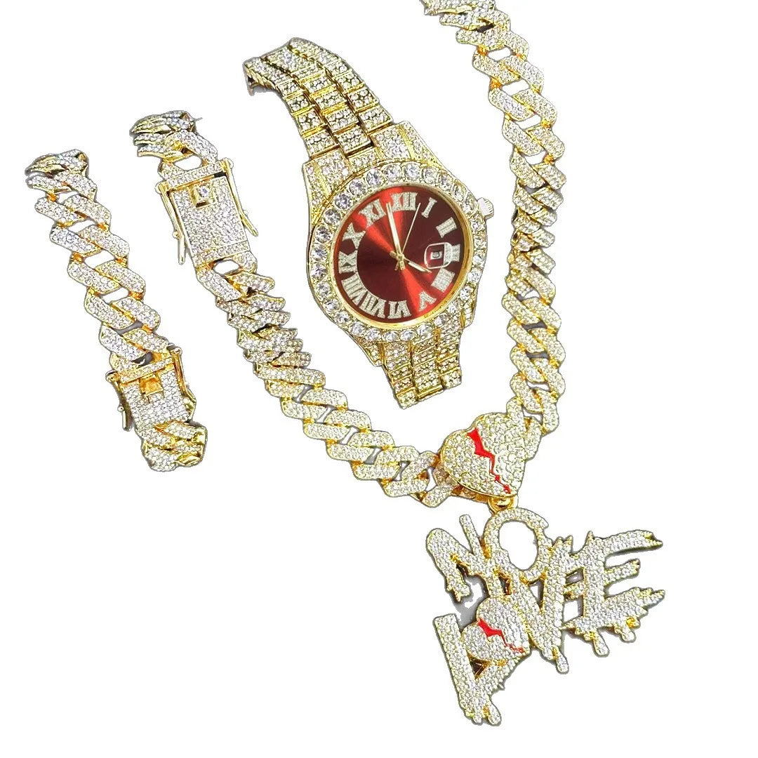3-Piece Set of Popular Foreign Trade Maier Cuban Necklace and Bracelet Set, Men's Watch and Jewelry Party Gift Qme