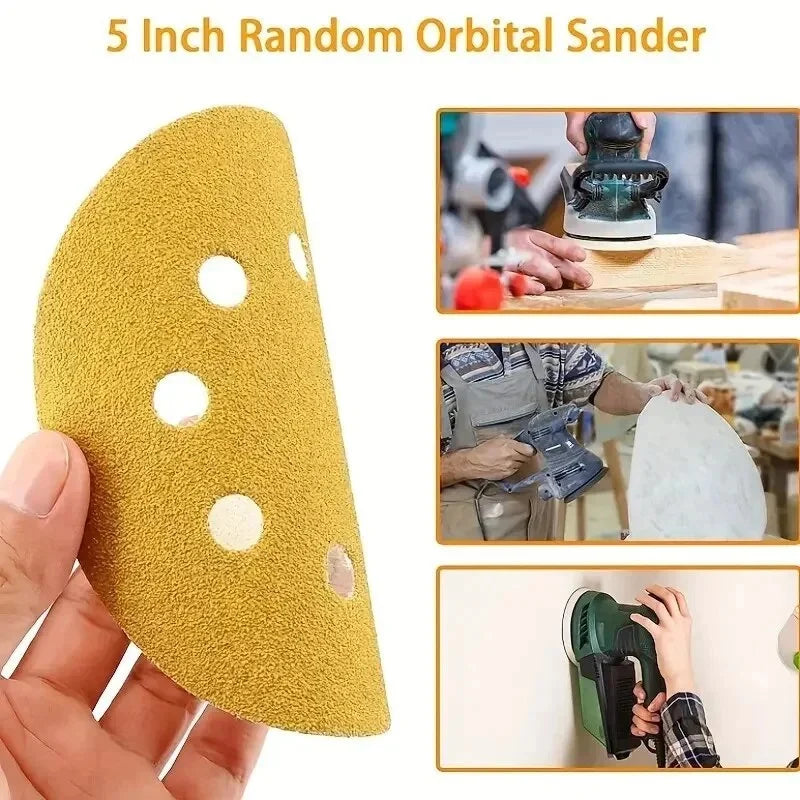 20Pcs Yellow Sanding Discs Assorted Grits 8 Holes 5Inch Sanding Disc Abrasive Tools Hook Loop Sandpaper Loop Sanding Disc Qme