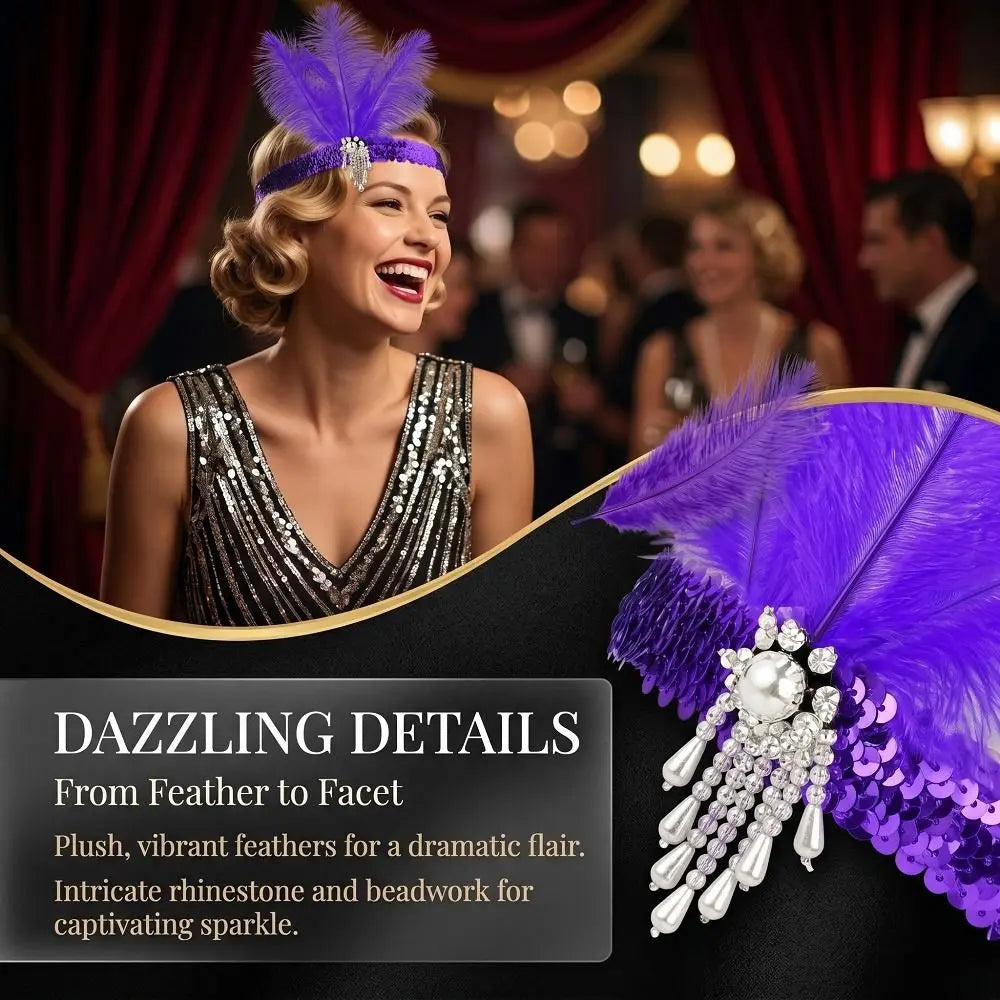 Exquisite Retro Women's Feather Headband Sequin 1920s Girls Hair Hoop Qme