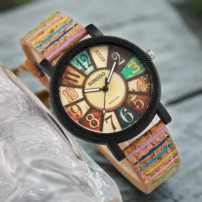 2-piece/set wood grain dial women's watch retro striped pattern leather watch tree strap student watch combination Qme