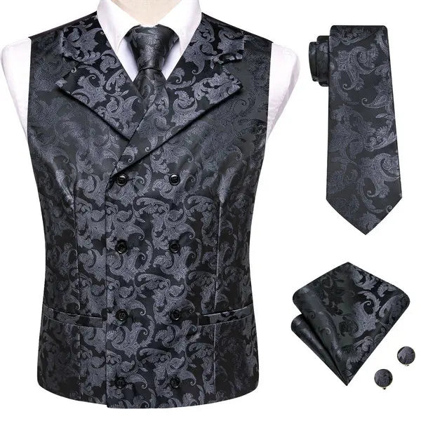 Mens Double Breasted Half Notch Lapel Waistcoat Formal Floral Qme HT-MJTZ0090 S