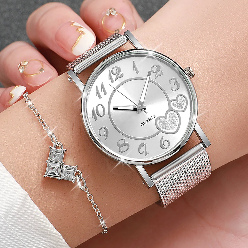 6 Pçs/set Moda Coração Dial Relógio de Quartzo Feminino Casual Banda de Plástico Relógios Strass Conjunto de Jóias (Sem Caixa) Qme