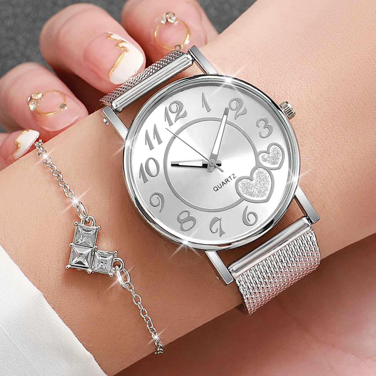 6 Pçs/set Moda Coração Dial Relógio de Quartzo Feminino Casual Banda de Plástico Relógios Strass Conjunto de Jóias (Sem Caixa) Qme
