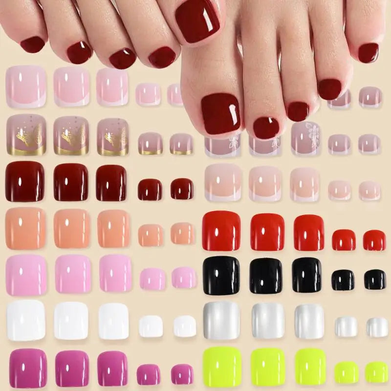 4 Grid Short Square False Toenail Tips Full Cover Artificial Fake Qme