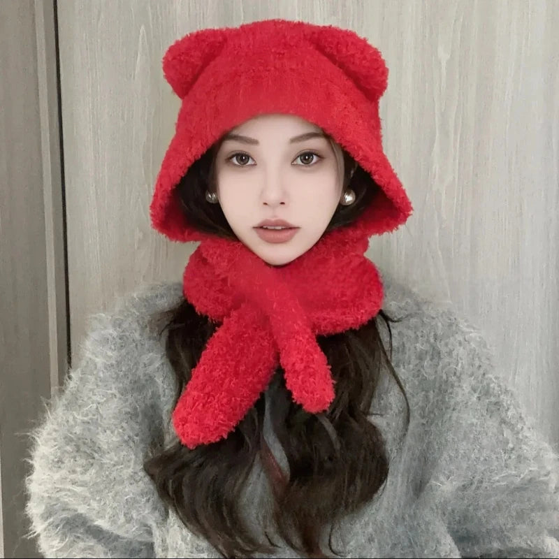 Versatile Knitted Warm Neck Scarf Integrated Bear Ear Protection Hat Qme