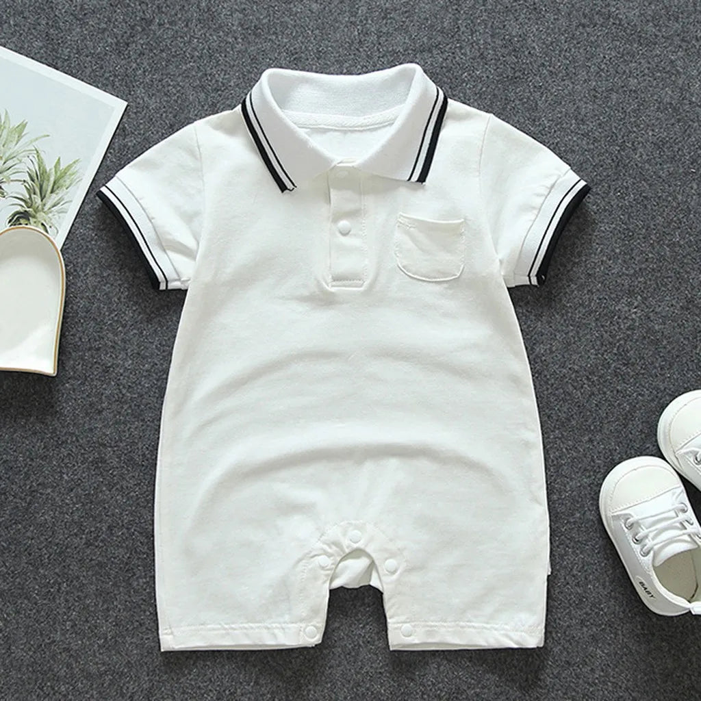 Baby Boys And Girls Summer Lightweight Solid Color Short Sleeve Turn-Down Collar Pocket Romper Convenient Casual Basic Playsuits Qme White 90