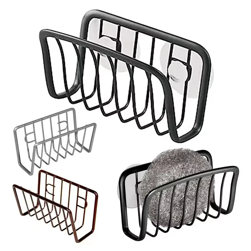 No-Drill Iron Sponge Holder Rack - Over Sink Draining Shelf, Wall-Mounted Kitchen Organizer for Dish Scrubber & Soap Dispenser Qme