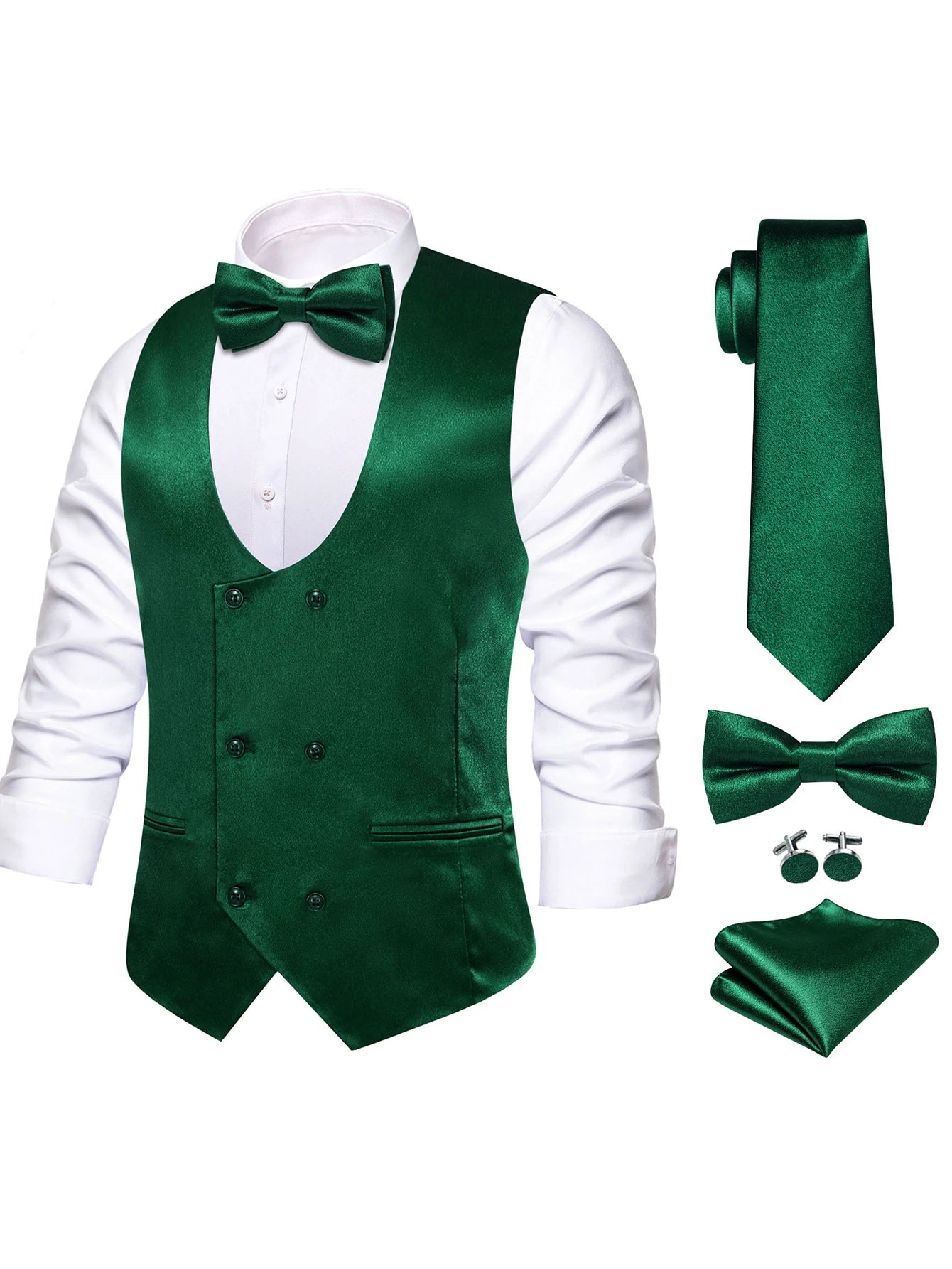 Men's Satin U Collar Vest Tie Hanky Cufflinks Bowtie Formal Waistcoat Qme MJTZ3254 XXL