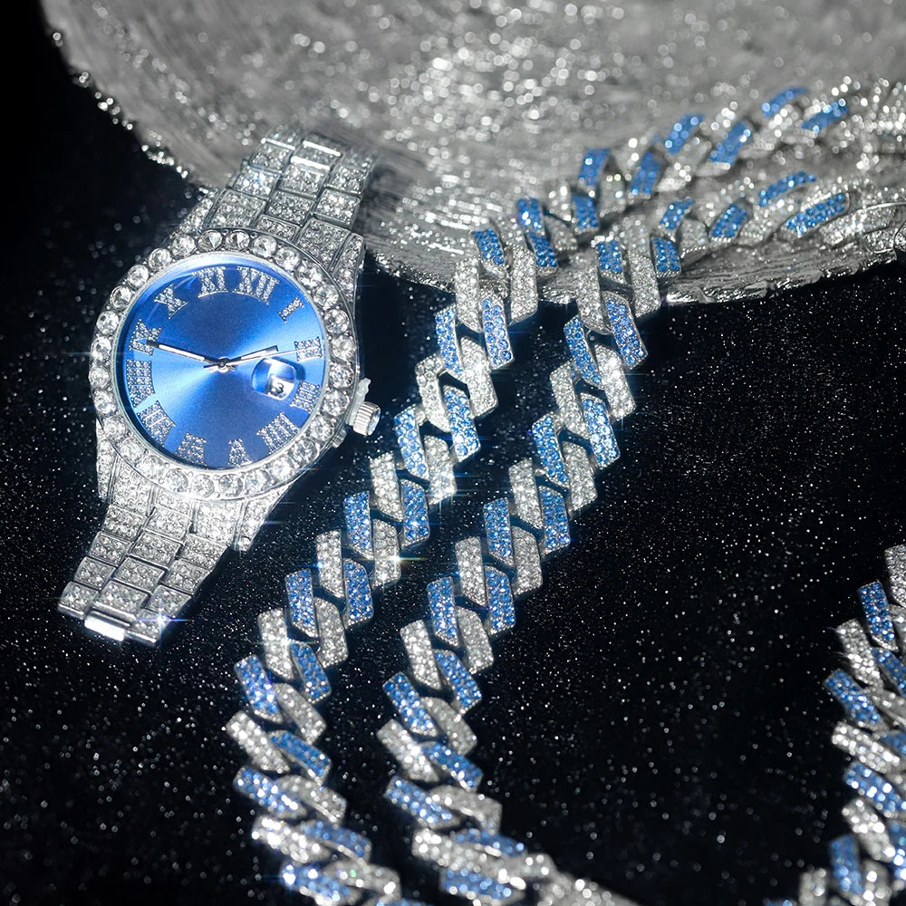 3pcs Hip-hop Watch Jewelry Set Iced Out Punk Blue&Silver Cuban Chain+Bracelet Inlay Diamond Watch For Men Women Trend Party Gift Qme