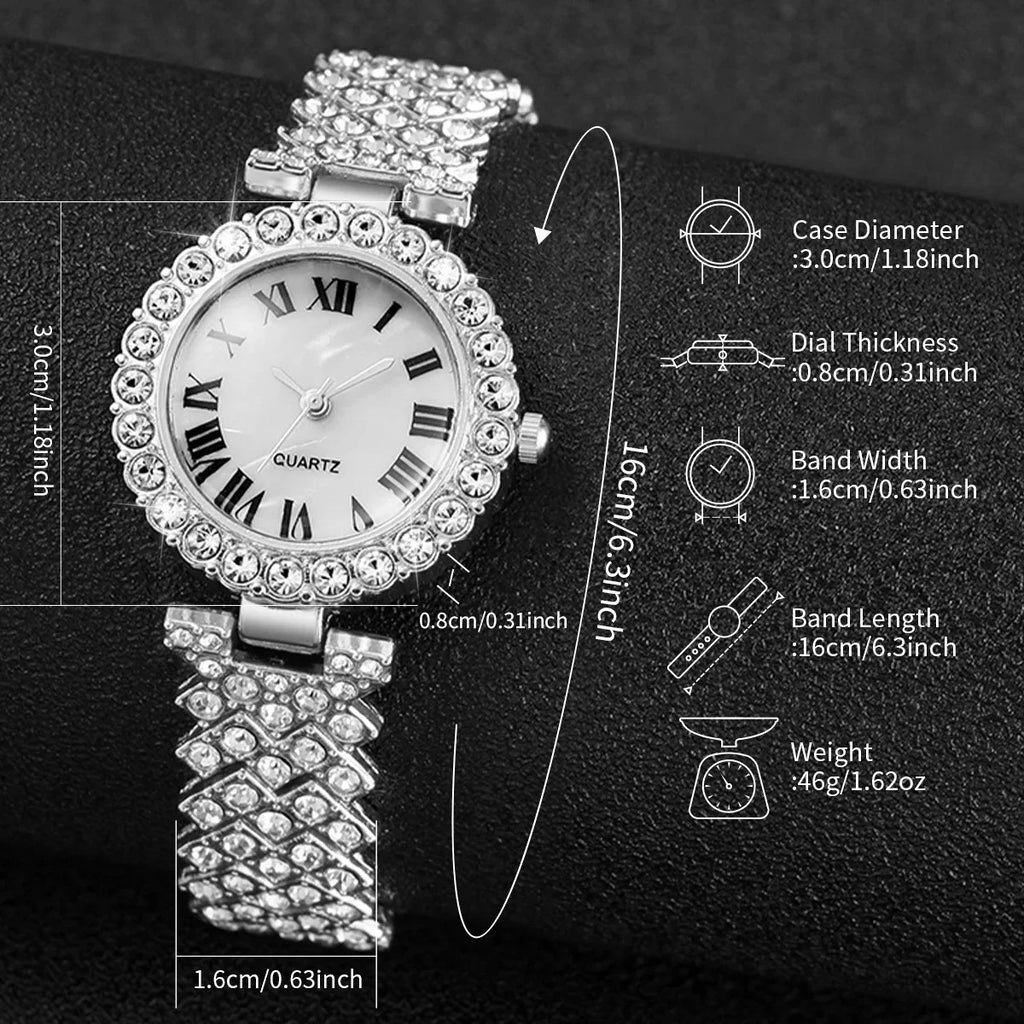 6PCS/Set Luxury Rhinestone Women's Watch Silver Band Ladies Roma Dial Quartz Watch Jewelry Set（Without Box） Qme