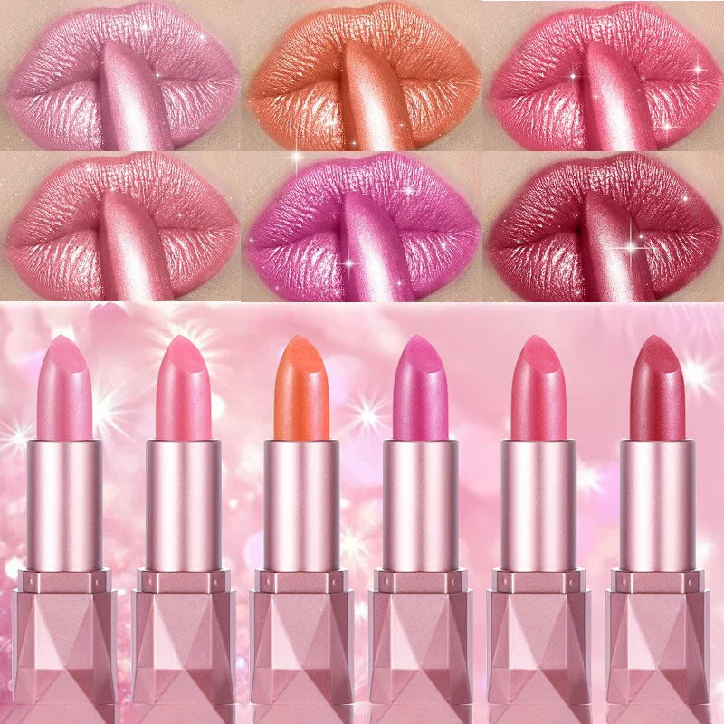 Diamond Shine Lipstick, Pearlescent Golden Lipstick with Fine Glitter, High Gloss Hydrating Long Lasting & Non-Drying Lip Makeup Qme