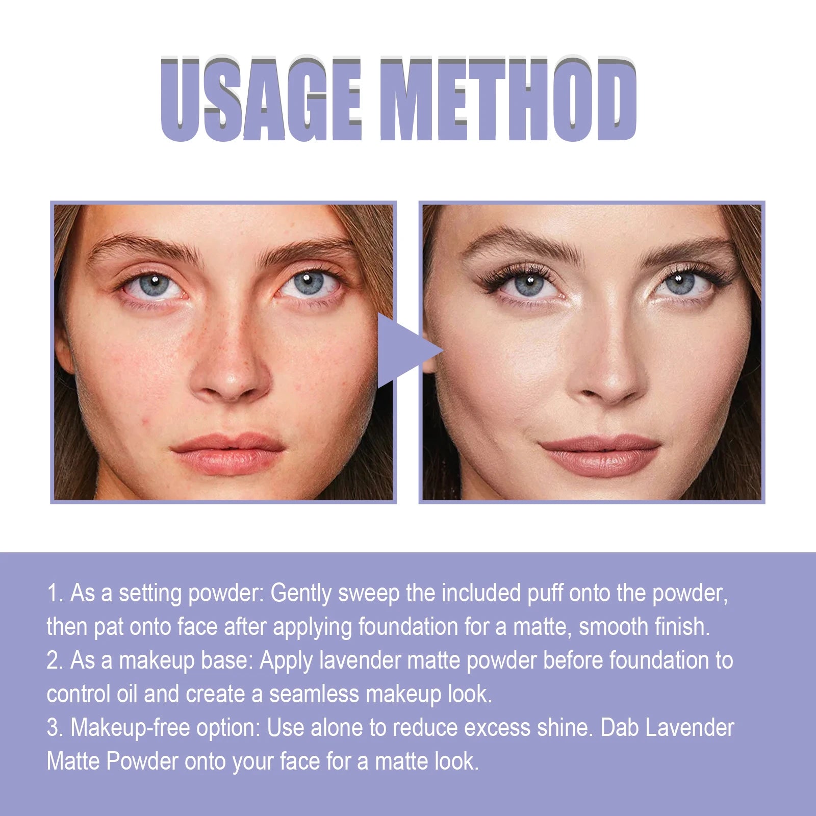 Lavender Matte Powder Oil Control Setting Powder Waterproof Smoothing Makeup Foundation Powder with Puff Loose Setting Powder Qme