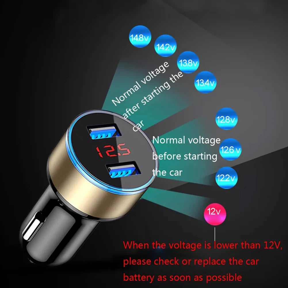 Cigarette Lighter Socket Dual USB 2 Port Cigarette Lighter Adapter 3.1A Super Fast Charging Aluminum Alloy Voltmeter LCD Display Qme
