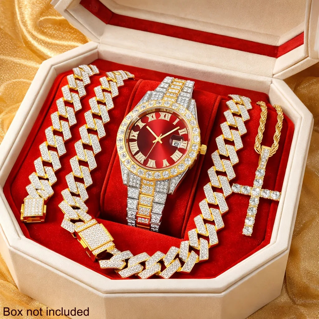 5Pcs Two-tone Iced Out Men's Watch & Jewelry Set, Blue Dial Watch + Cuban Chain + Bracelets + Cross Necklace, Hip Hop Style Qme Red