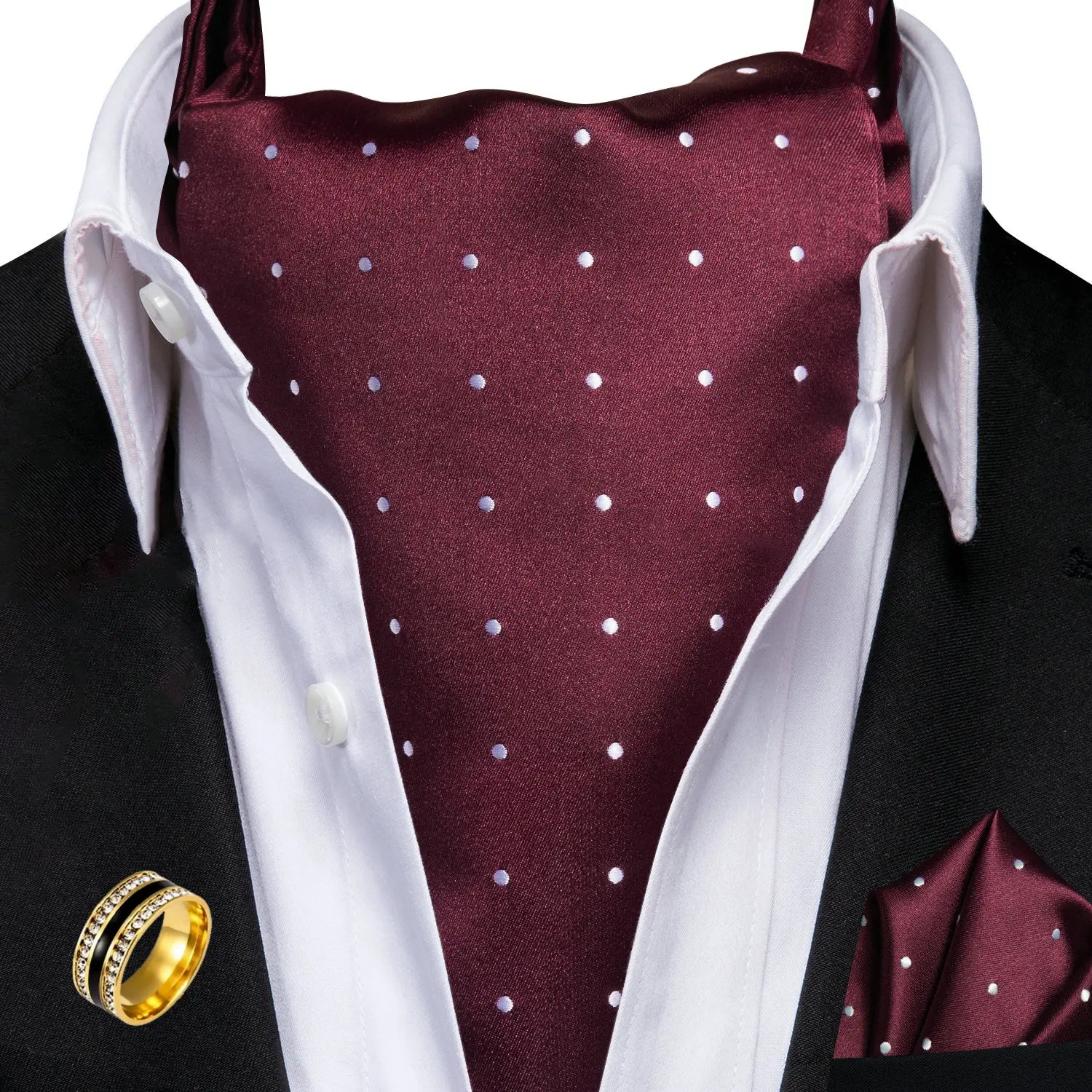 Ascot Tie Set, Classic Cravat with Pocket Square & Decorative Ring, Fashion Men's Neck Accessories Wedding Party silk Daily Wear Qme AS-1188-JZ0020