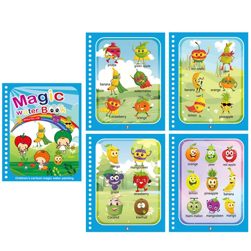 Children Magical Book with Pen Water Drawing Montessori Toys Reusable Coloring Book Magic Water Drawing Book Early Education Toy Qme Fruit