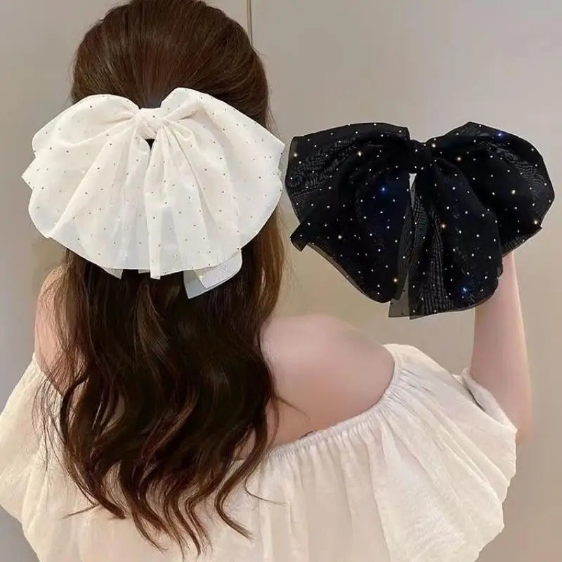 Elegant Temperament Mesh Hair Clip Woman Rhinestone Large Bow Hairpin Qme