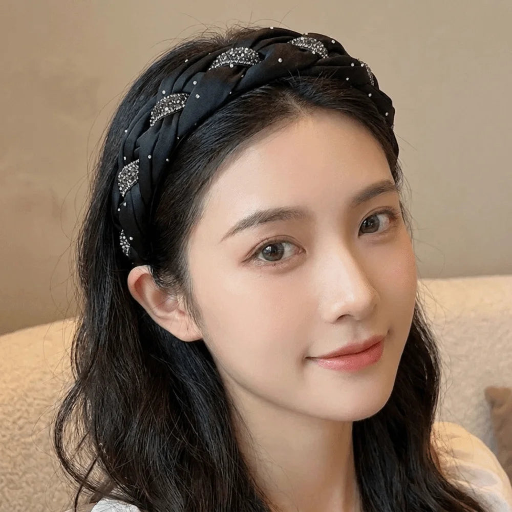 Wide Brim Rhinestone Headband Soft Fabric Twisted Knotted High Cranial Hair Hoop Elegant Non-Slip Braided Hairband Women Qme