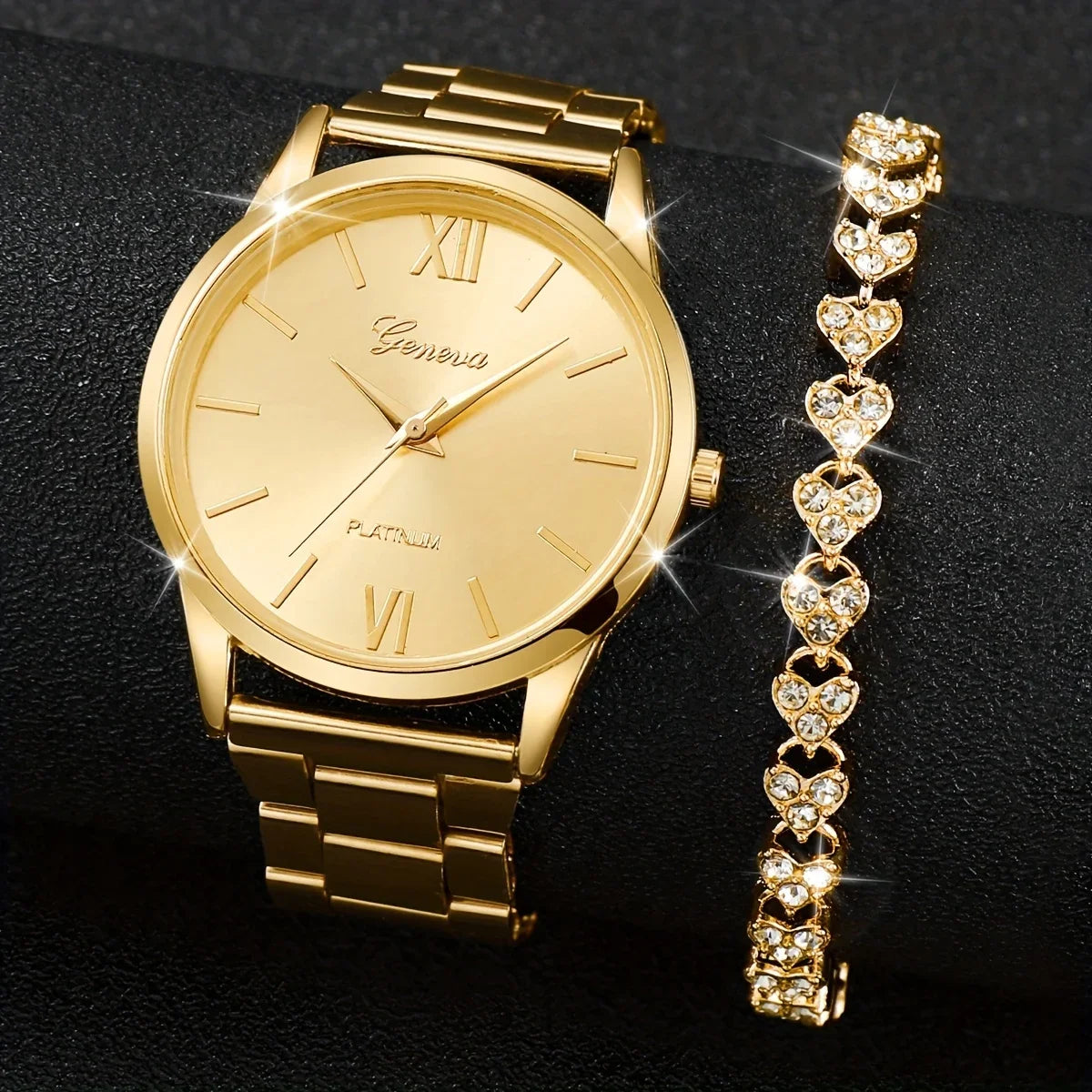 2pcs/set Golden Fashion Quartz Watch Business Minimalist Steel Band Wrist Watch & Bracelet, Gifts For Women Her Qme