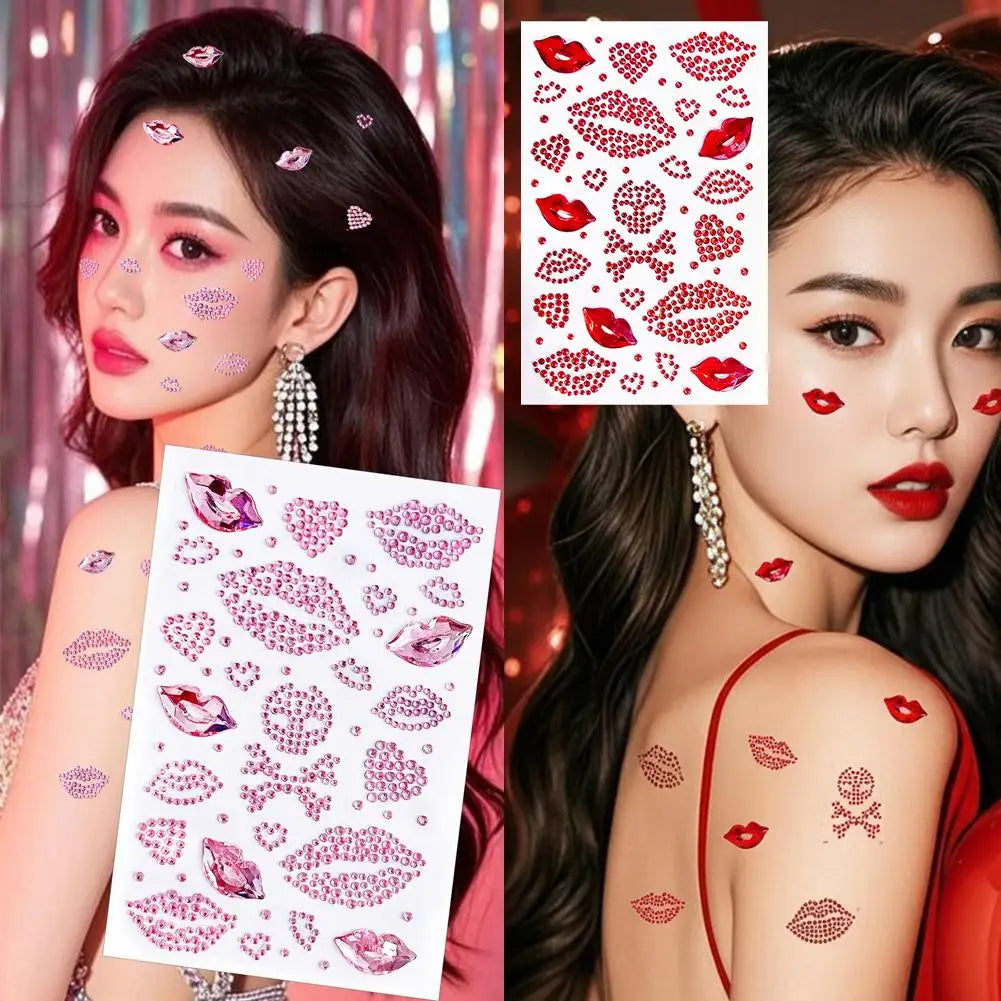 Red Heart Lips Rhinestone Tattoos Self-adhesive Glitter Face Body Qme