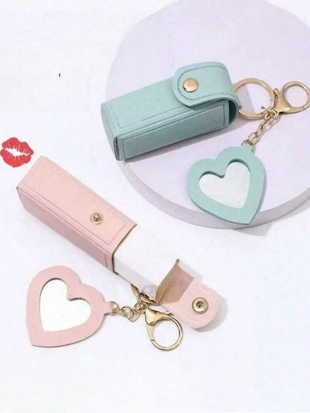Lipstick Holder Heart-shaped Mirror Useful Women Makeup Key Chain Qme