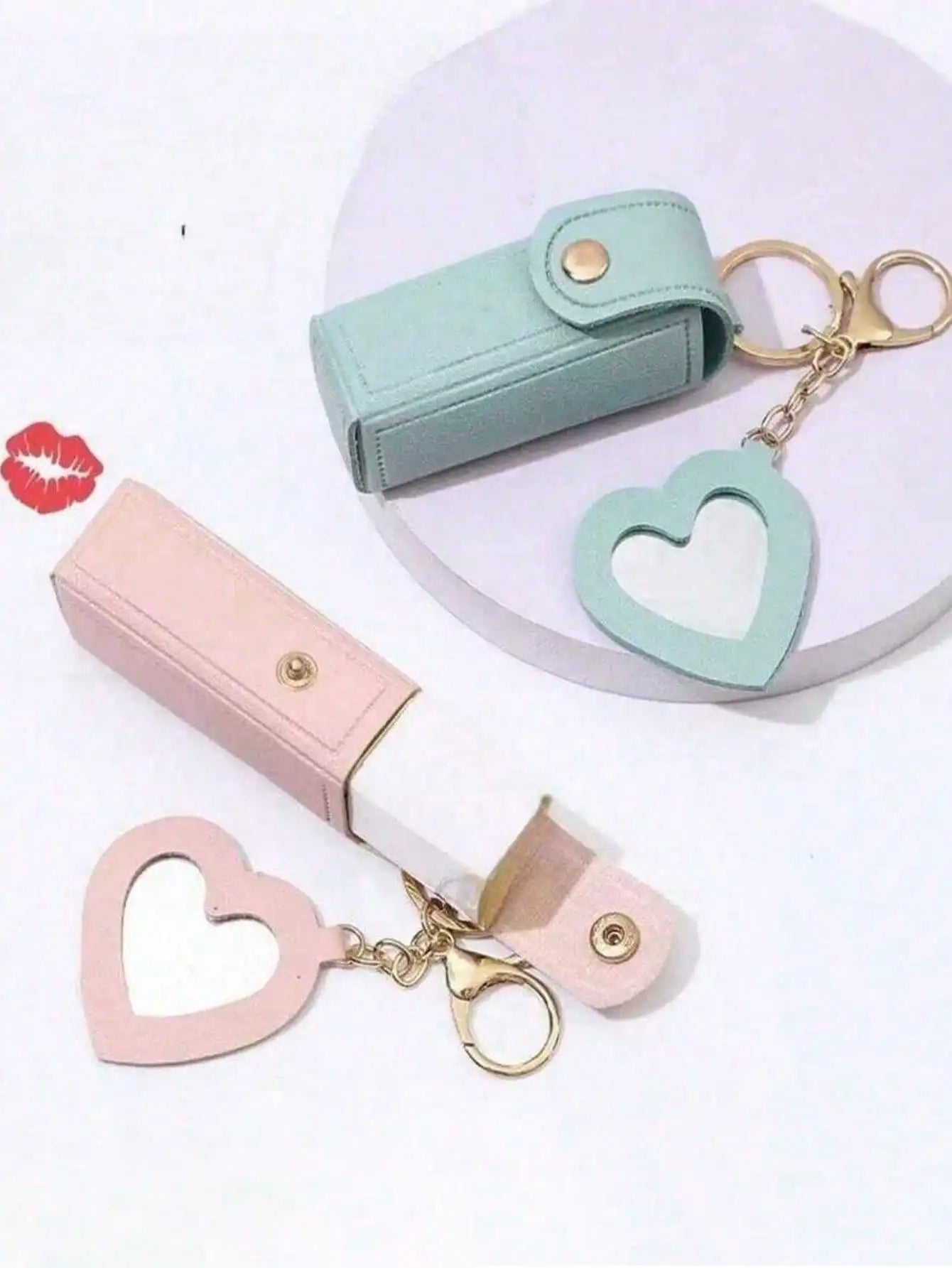 Lipstick Holder Heart-shaped Mirror Useful Women Makeup Key Chain Qme