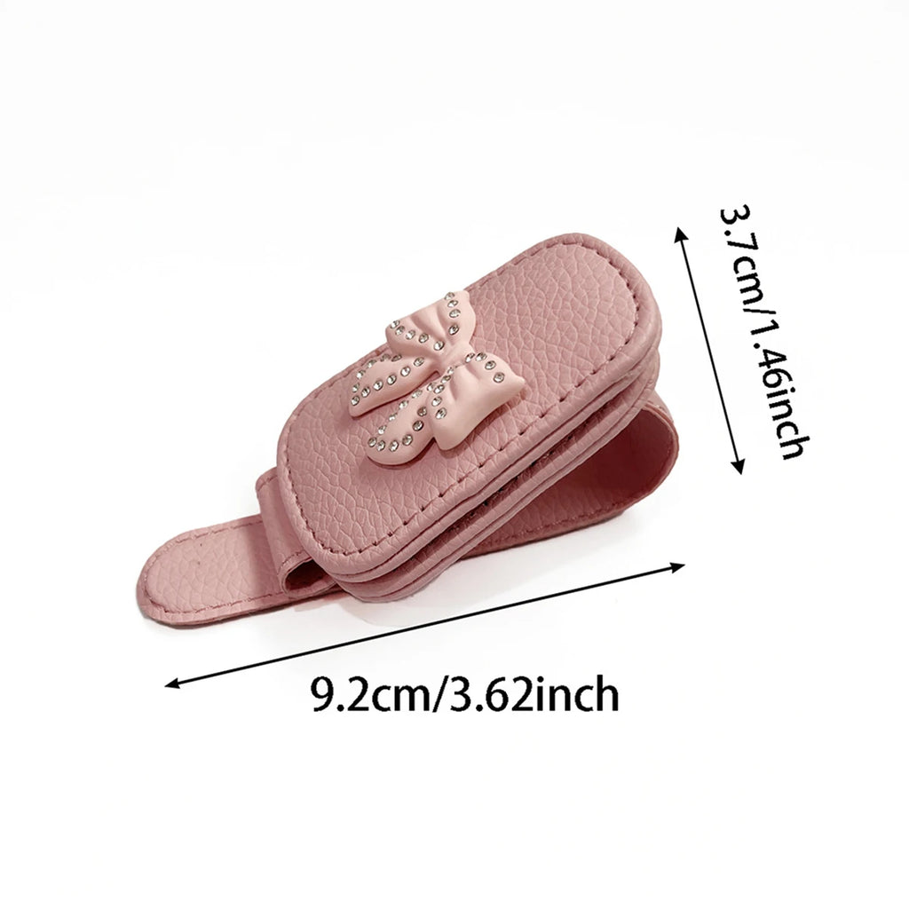Car Sun Visor Glasses Clip Bow Tie Rhinestones Cute Pink Interior Qme
