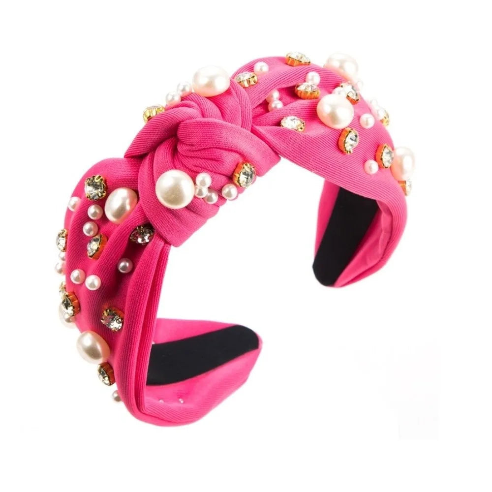 Solid Color Rhinestone Pearl Hairband Wide Edge Nail Pearl Head Hoop Hair Ornament Knot Style Baroque Headband Hair Accessories Qme Rose Red