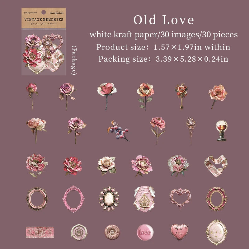 30 Sheets/Bag Vintage Floral Theme Stickers for Scrapbooking DIY Collage Material Phone Case Frame Computer Decoration Qme 6
