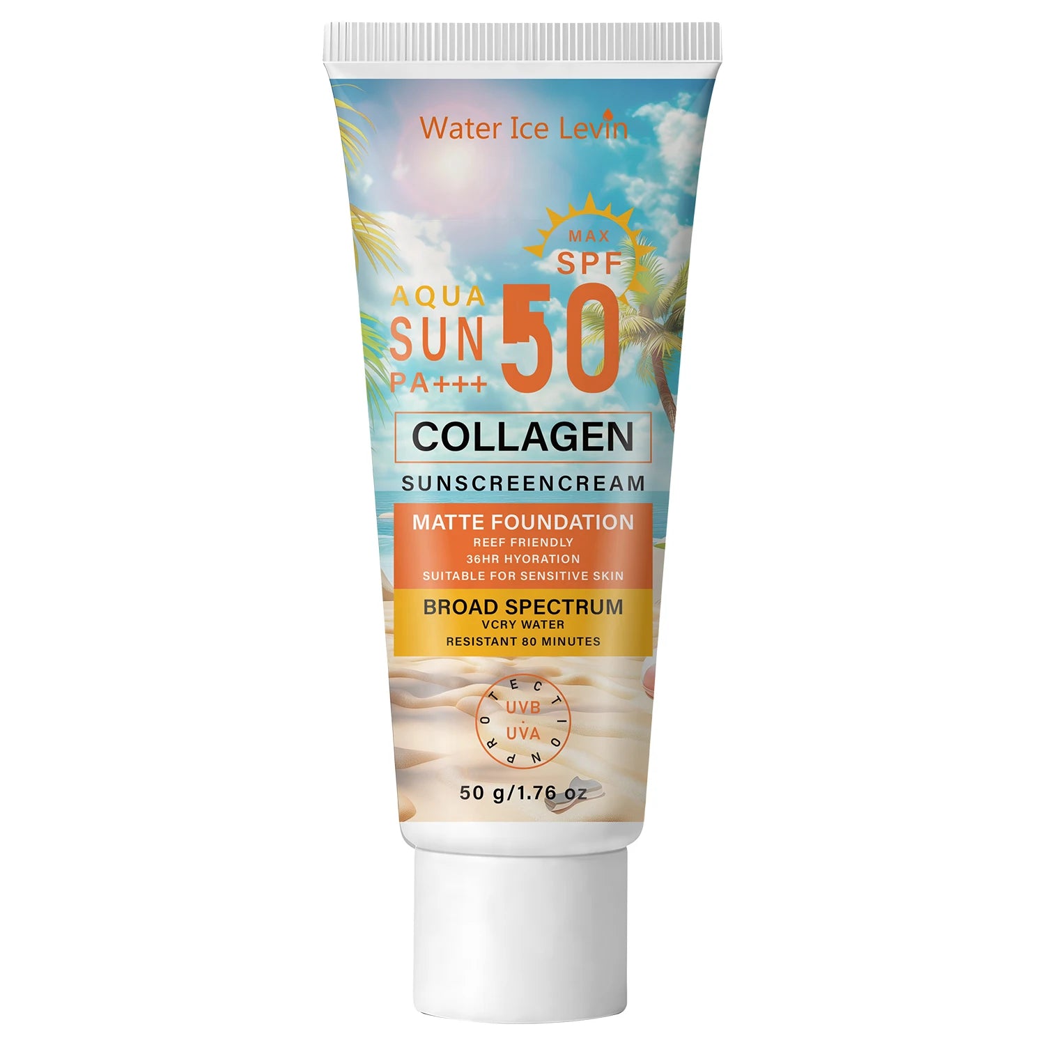 SPF50 PA+++ Sunscreen, 36HR Hydrating & Water Resistant Collagen Sun Care Qme WHITE 50g