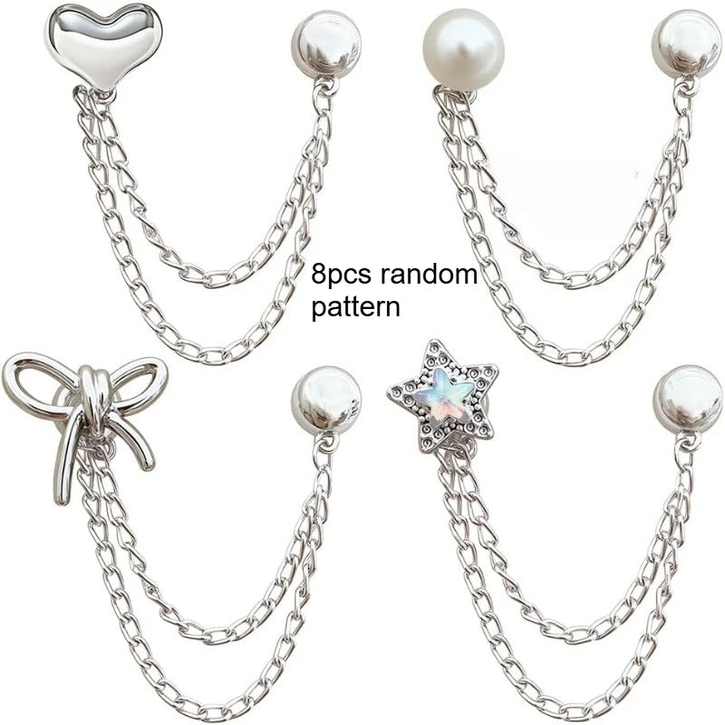 Multi Layer Tassel Chain Jeans Pants Cuff Clips Bow Star Pearl Decor Brooch Pins Adjustable Pant Leg Cuff Fixing Buckle Qme 8pcs random pattern