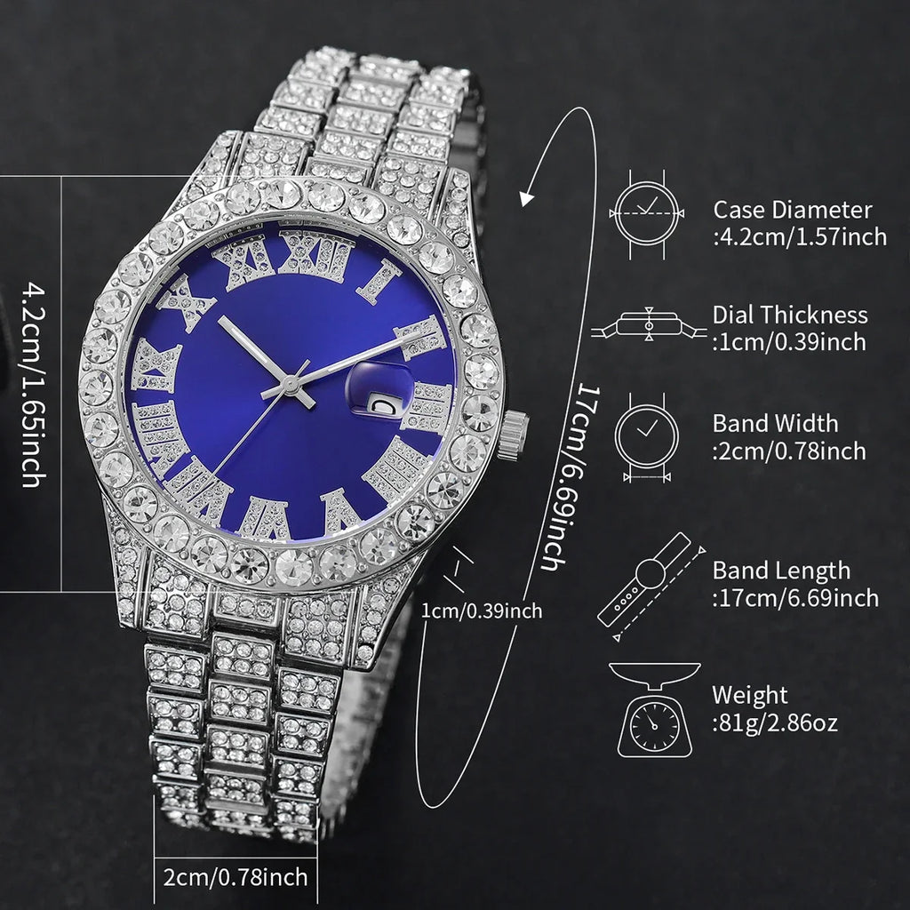 Relógio de quartzo feminino, moda casual, diamante completo, pulseira com mostrador azul romano, sem caixa, 2 peças por conjunto Qme