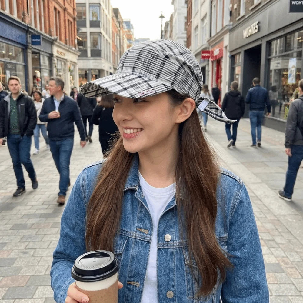 Contrasting Color Retro Plaid Sun Hat Retro Wide Brim Personalized Strap Cap Strap Adjustable Retro Plaid Turban Hat Qme