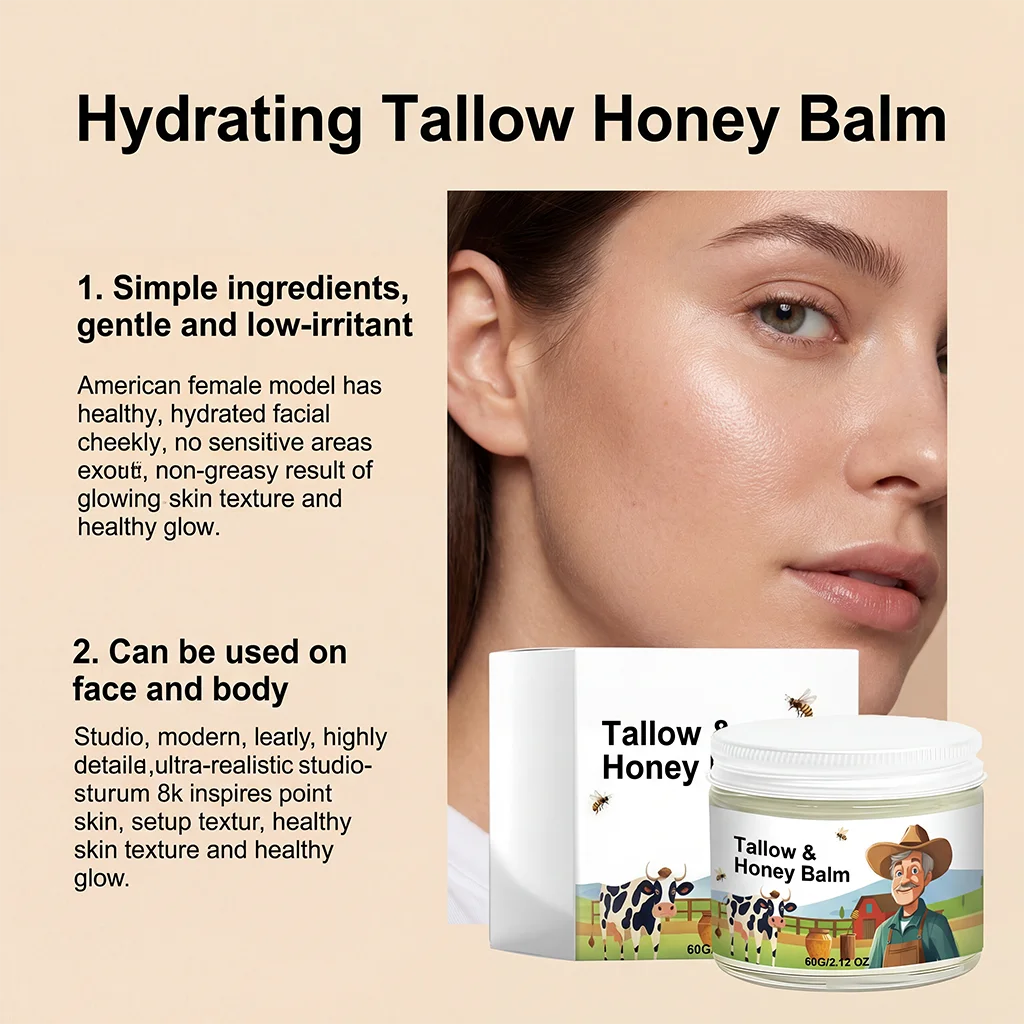 Hydrating Tallow & Honey Balm Skin Nourishing Smoothing Delicate Moisturizer to Improve Texture for Soft Firm Skin Daily Skincar Qme