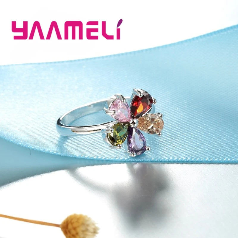 Beautiful Flower Shape Colorful Crystal 925 Sterling Silver Color Women Wedding Engagement Rings Fashion Party Finger Jewelry Qme