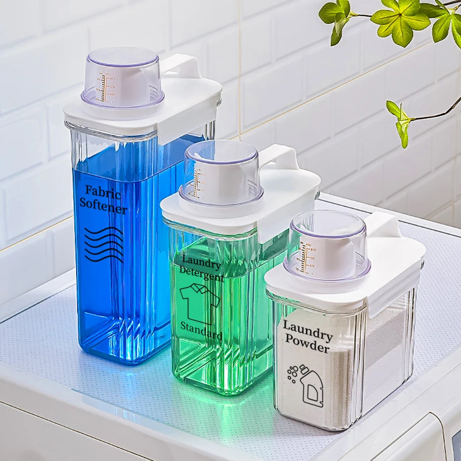 Clear Airtight Laundry Liquid Dispenser Detergent Powder Softener Dispense Tank with Measuring Cup Waterproof Labels Qme