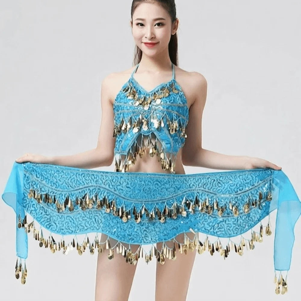 Glitter Sequins Belly Dance Waist Chain Hollow Long Tassel Dancing Waist Belt Handmade Colorful Belly Dance Waistband Qme