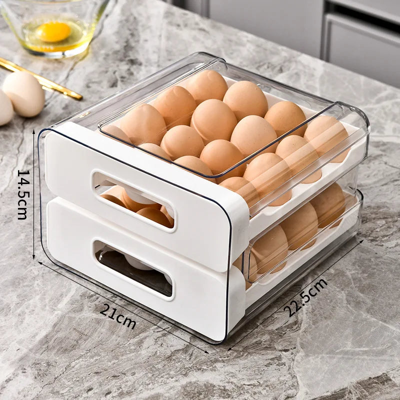 Double-layer Capacity Pull-out Drawer Refrigerator Egg Storage Box Egg Storage Fresh-keeping Box 32 Grid Egg Box Qme 1pc White 2-tier