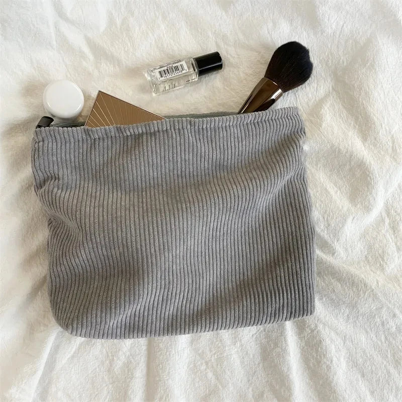Corduroy Travel Cosmetic Bag Portable Makeup Storage Bag Purses Women Large Capacity Zipper Make Up Organizer Storage Clutch Qme Gray