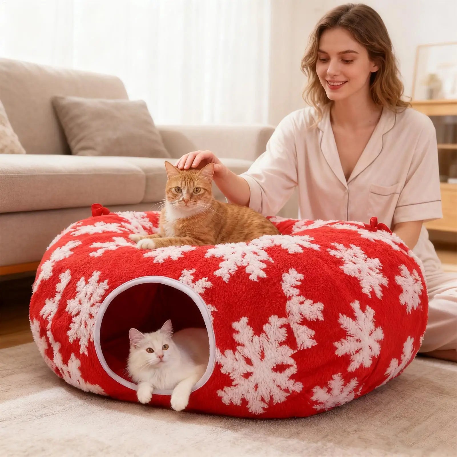 Christmas Tunnel Cat Bed Kitten Donut Nest Kitten Tunnel Cushion Indoor for Living Room Balcony Enrichment Home Bedroom Exercise Qme