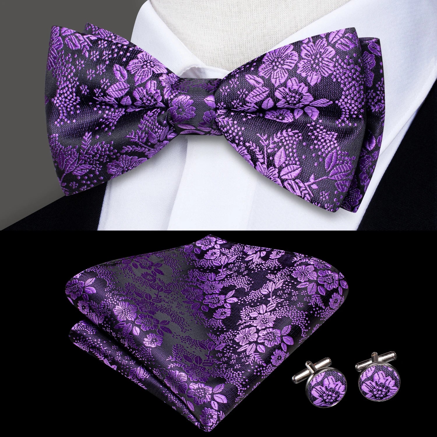 Hi-tie Pre-tied Mens Bowtie Hanky Cufflinks Bow Tie Cravat Male Qme LH-2540