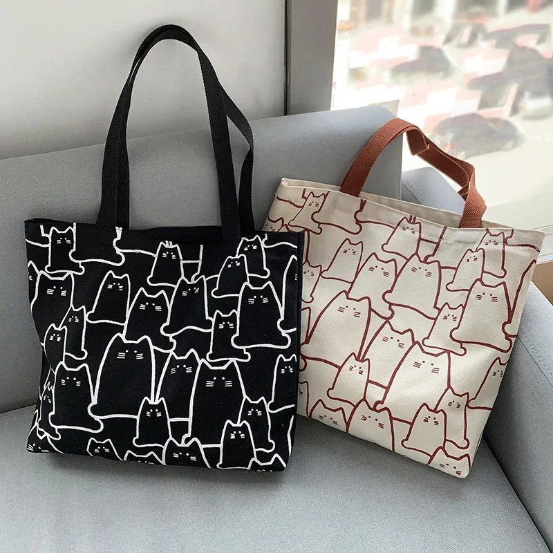 Cute Cartoon Cat Canvas Tote Bag Women Fashion Shoulder Casual Qme