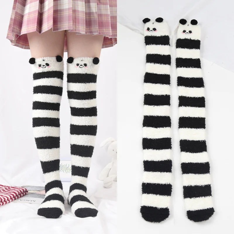 Women Girl Cute Winter Striped Coral Velvet Long Socks Warm Thicke Knee Length Socks Cute Bear Fox Sheep Home Towel Stockings Qme