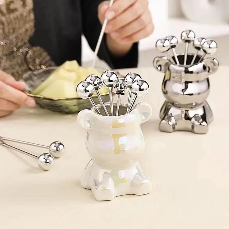 6Pcs Stainless Steel Dessert Forks With Storage Jar Cute Bear Utensils For Party Dessert Fruit Pickle Fruit Salad Tasting. Qme