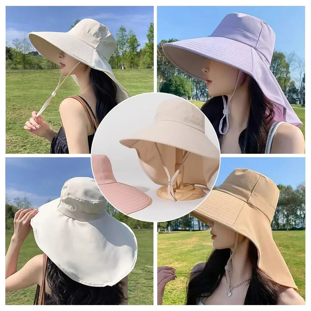 Summer Large Brim Sun Hats For Women Outdoor UV Anti Neck Protection Sun Visors Lady Fishing Hiking Shawl Sunscreen Cap Qme