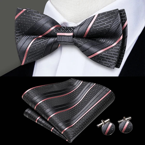 Mens Bow Tie Hanky Cufflinks Pre-tied Red White Pink Solid Floral Stripes Paisley Bowtie for Male Wedding Business Gift Qme LDLH2529