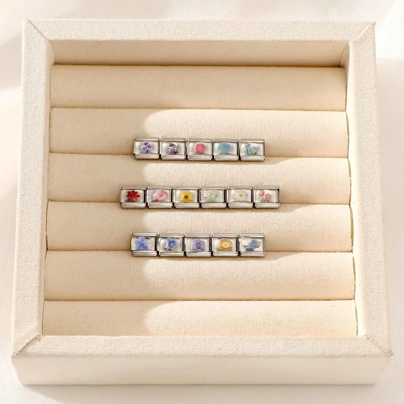 Colorful Brilliant Flowers Sunflower Lotus Tulip Charm Italian Link Fit 9mm Stainless Steel Bangles DIY Making Jewelry Bracelets Qme