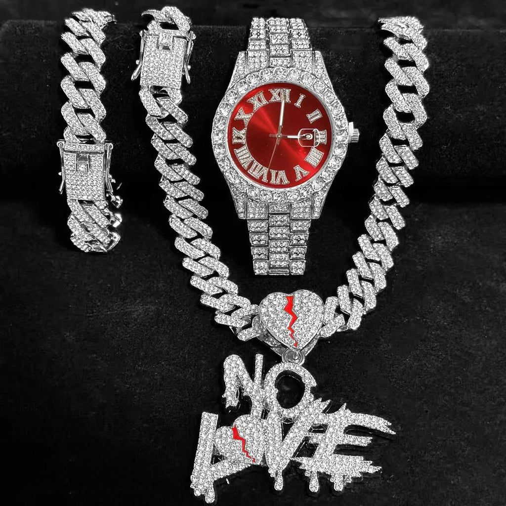 3-in-1 Hip Hop Jewelry Set for Men, Gold Iced Out Watch + Cuban Link Chain + "NO LOVE" Pendant Necklace + Bracelet, Gold Tone Qme
