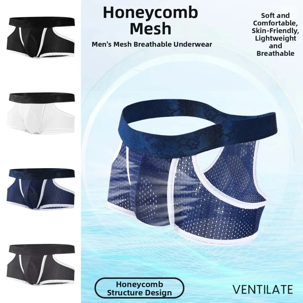 Quick-Drying Silky Fiber Men's Mesh Boxer Briefs Split Design Separation Male Ice Silk Panties Lingerie Four-Way Stretch Qme